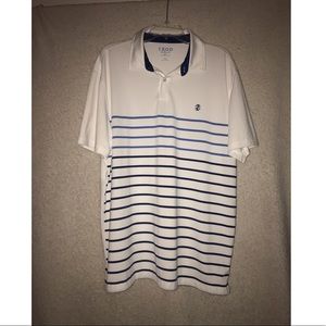Black/white/blue striped Izod golf polo